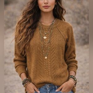 J. Crew Women's Wool Cable Knit Fisherman Mustard Brown Crewneck Sweater XS